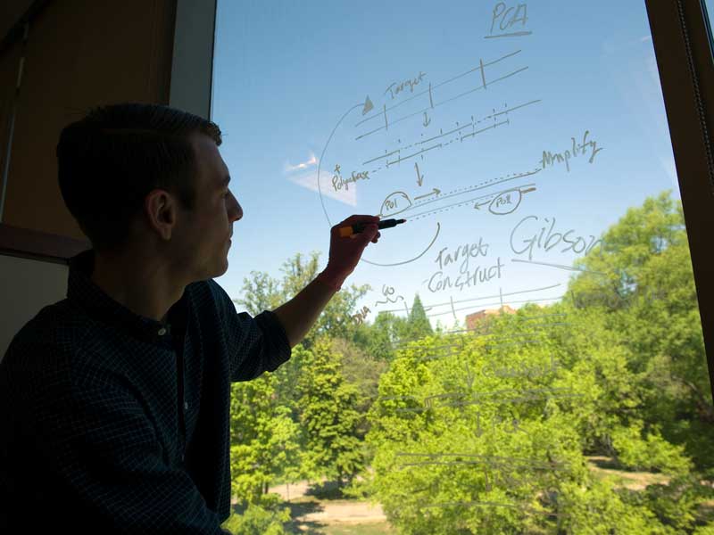 a v.c.u. student writing equations on a window overlooking trees